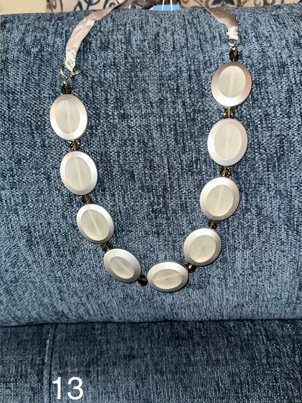 Cookie Lee Milky Gray beaded Necklace with Gray Ribbon “chain”
